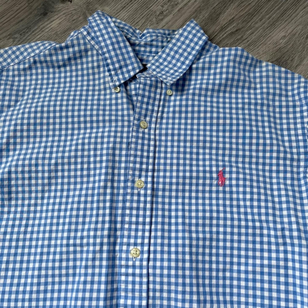 Ralph Lauren Polo Blue White Check Gingham buttons down Classic Fit Shirt XL - Picture 2 of 8